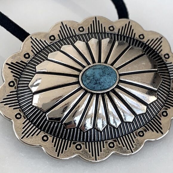 Western Cowgirl Concho Hair Tie, Silver & Faux Turquoise, Native American Style - Picture 5 of 10